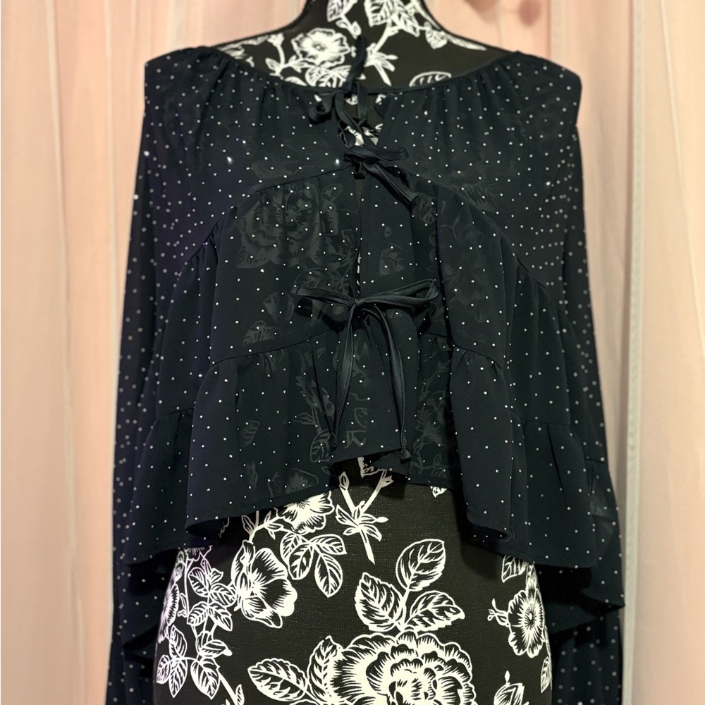 Black Bedazzled Blouse with Ruffle Detail